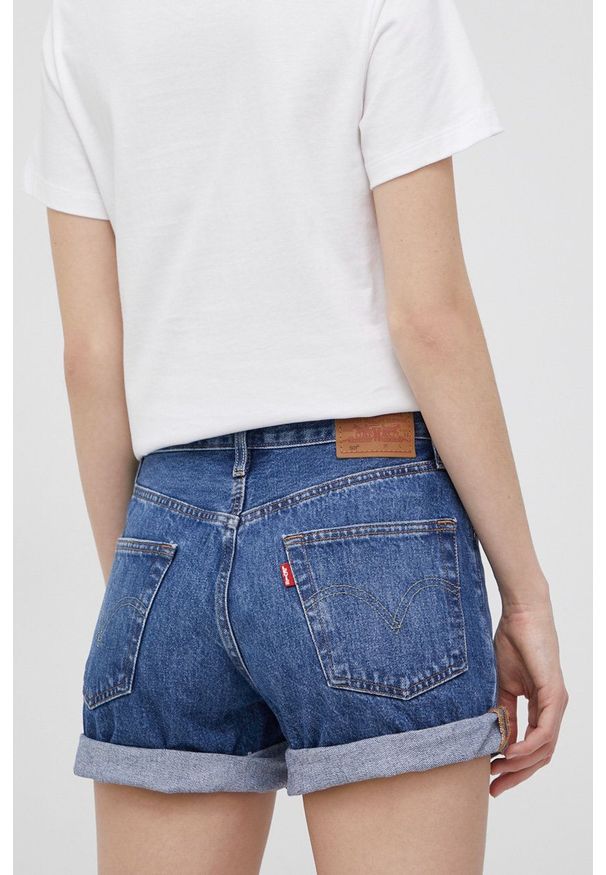 Levi's® - Levi's szorty jeansowe bawełniane damskie gładkie high waist. Okazja: na spotkanie biznesowe, na co dzień. Stan: podwyższony. Kolor: niebieski. Materiał: bawełna, jeans. Wzór: gładki. Styl: casual, biznesowy