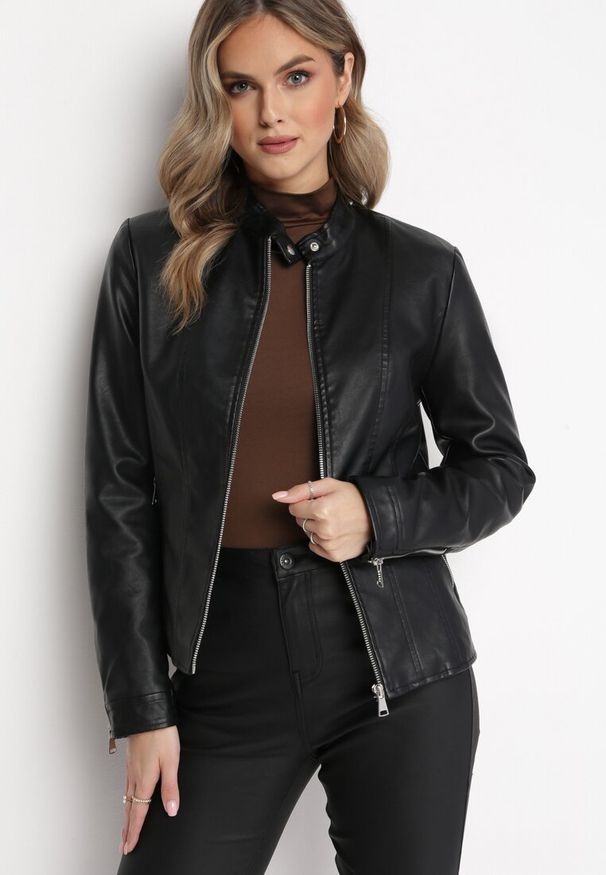 Born2be - Czarna Kurtka Ramoneska z Imitacji Skóry Etina. Kolor: czarny. Materiał: skóra