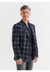 Pako Lorente - PAKO LORENTE – Granatowa marynarka casual w jasną kratkę. Okazja: na co dzień. Kolor: niebieski. Materiał: poliester, wełna, elastan. Wzór: kratka. Styl: casual