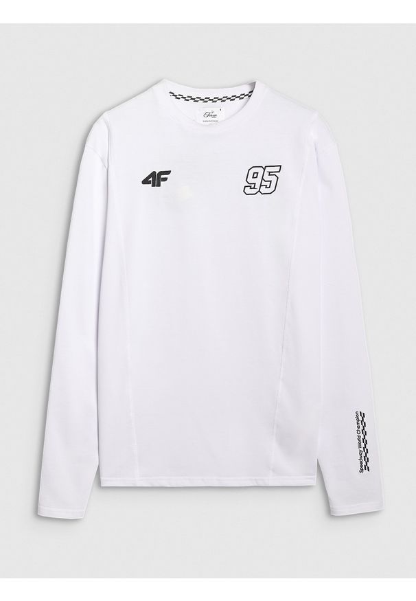 4f - 4F Longsleeve regular męski 4F x Bartosz Zmarzlik - biały M. Okazja: na co dzień. Kolor: biały. Materiał: bawełna, jersey, dzianina. Długość rękawa: długi rękaw. Długość: długie. Wzór: napisy, gładki, haft, ze splotem. Styl: sportowy, klasyczny, casual