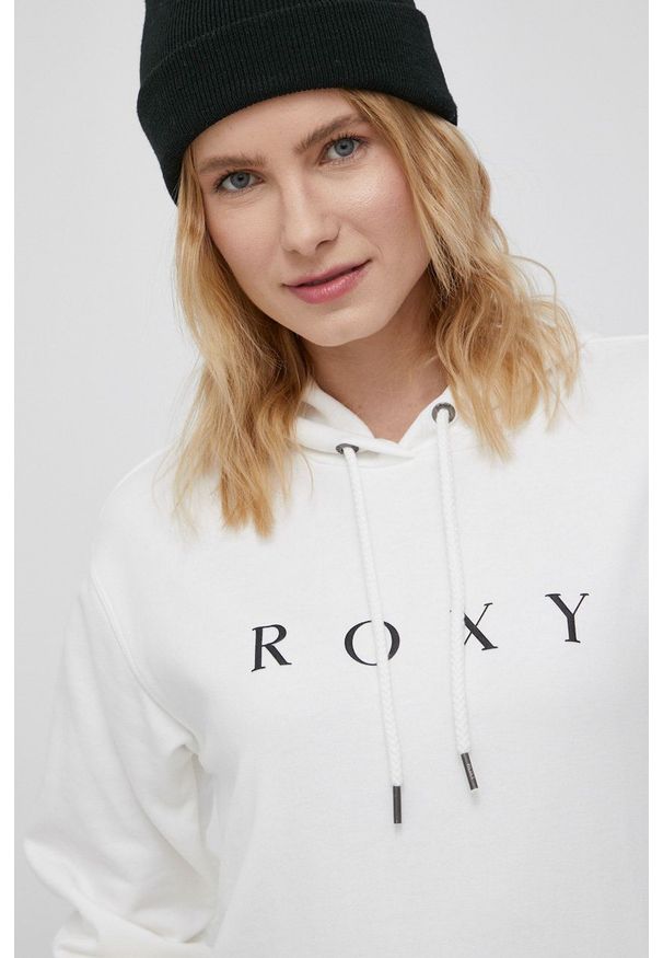 Roxy bluza damska kolor biały z kapturem z nadrukiem. Okazja: na co dzień. Typ kołnierza: kaptur. Kolor: biały. Materiał: dzianina, materiał. Wzór: nadruk. Styl: casual