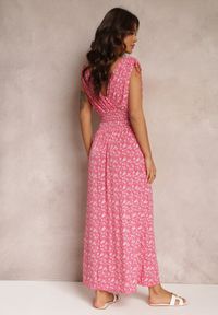 Renee - Ciemnoróżowa Rozkloszowana Sukienka Maxi z Gumką w Pasie i Głębokim Dekoltem Briasia. Kolor: różowy. Długość rękawa: bez rękawów. Wzór: kwiaty. Długość: maxi #4