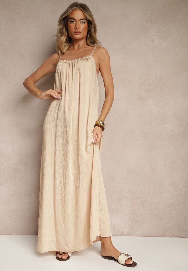 Renee - Beżowa Sukienka o Rozkloszowanym Kroju z Elastycznym Dekoltem Revore. Kolor: beżowy. Długość rękawa: na ramiączkach. Wzór: aplikacja. Sezon: wiosna, lato