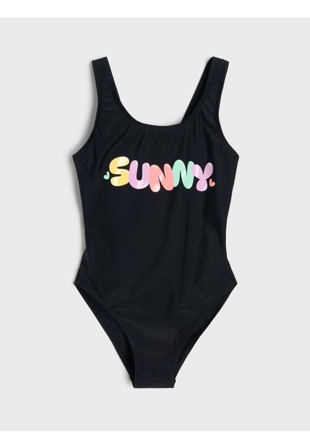 Sinsay - Strój kąpielowy z silikonowym nadrukiem "Sunny" - czarny. Kolor: czarny. Wzór: nadruk