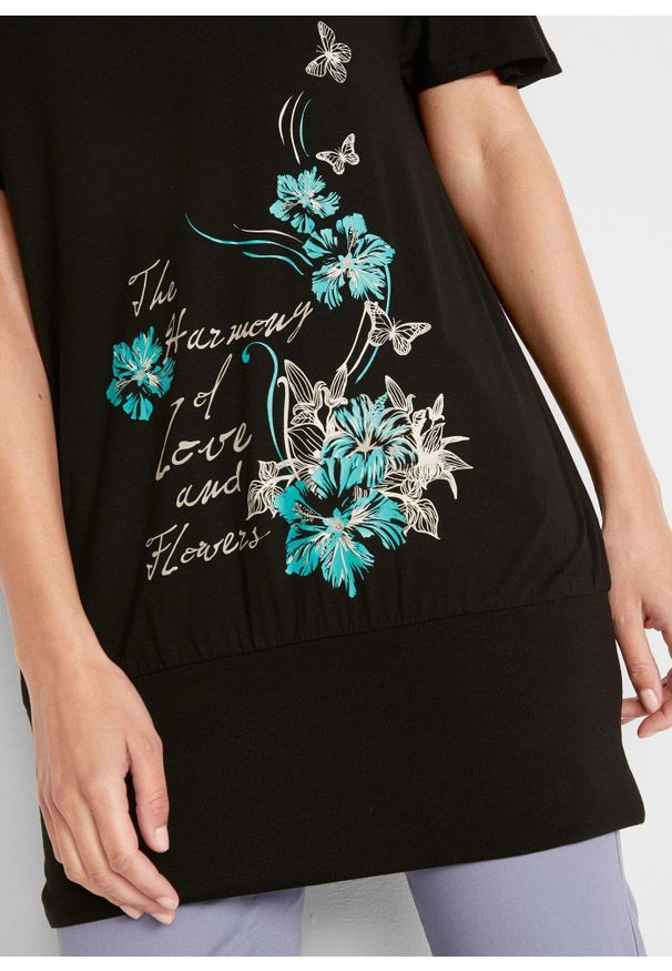 bonprix - Shirt z dekoltem w łódkę, krótki rękaw. Kolor: czarny. Długość rękawa: krótki rękaw. Długość: krótkie. Wzór: nadruk