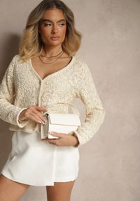 Renee - Beżowy Haftowany Kardigan z Bawełny na Guziki Sarivna. Okazja: na co dzień. Kolor: beżowy. Materiał: bawełna. Wzór: haft. Styl: casual #4