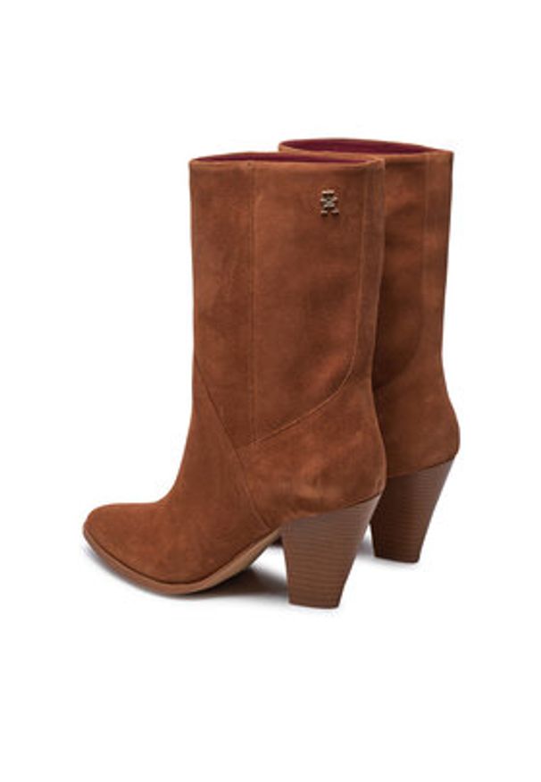 TOMMY HILFIGER - Tommy Hilfiger Botki Mid Cowboy Heel Suede FW0FW08435 Brązowy. Kolor: brązowy. Materiał: zamsz, skóra