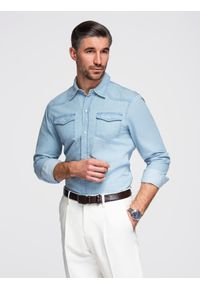 Ombre Clothing - Koszula męska jeansowa na zatrzaski z kieszonkami - jasnoniebieska V1 - Rozmiar: M. Okazja: na co dzień, do pracy. Typ kołnierza: kołnierzyk klasyczny. Kolor: niebieski. Materiał: jeans. Długość rękawa: długi rękaw. Długość: długie. Wzór: gładki. Styl: casual, klasyczny