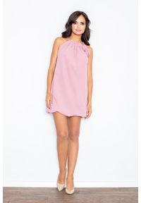 Figl - Różowa Mini Sukienka Tunika Bombka z Kwiatem. Kolor: różowy. Materiał: poliester. Wzór: kwiaty. Typ sukienki: bombki. Długość: mini #1