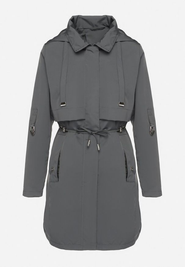 Born2be - Szara Kurtka w Stylu Parki z Odpinanym Kapturem i Troczkami Halirsa. Okazja: na spacer, na co dzień. Typ kołnierza: golf. Kolor: szary. Materiał: jeans, dzianina. Styl: casual, klasyczny