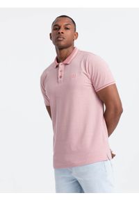 Ombre Clothing - Melanżowa koszulka męska polo z kołnierzykiem w paski – różowa V2. Okazja: na co dzień. Typ kołnierza: polo. Kolor: różowy. Materiał: bawełna. Wzór: melanż, paski. Styl: sportowy, casual