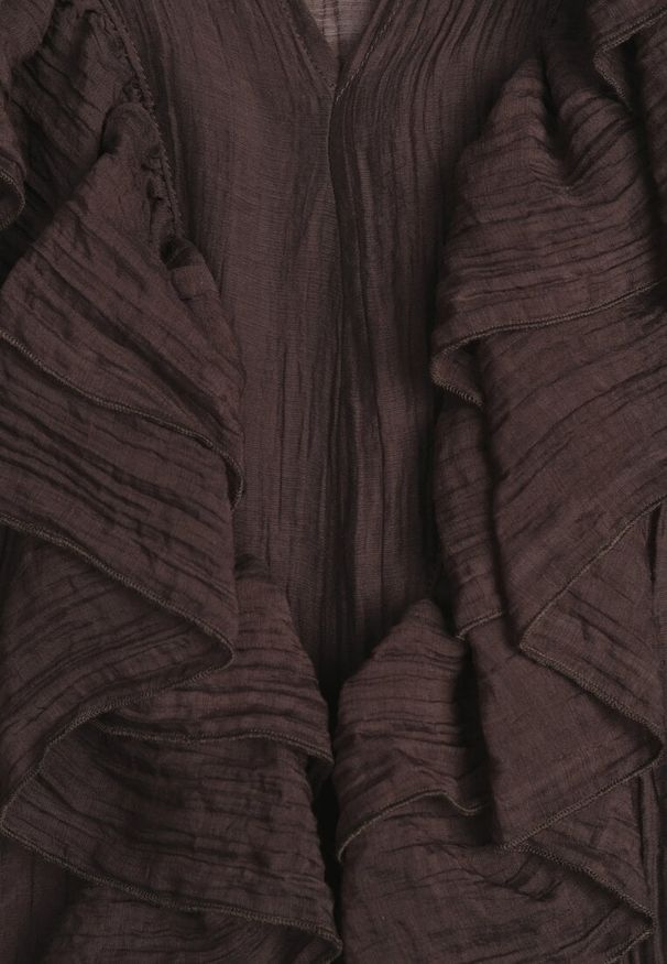 Renee - Brązowa Bluzka z Lyocellem w Stylu Boho z Wiązaniem pod Szyją i Falbanami Tasimi. Okazja: na co dzień. Kolor: brązowy. Materiał: jeans. Styl: boho
