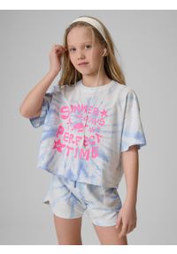 4f - 4F T-shirt loose z nadrukiem dziewczęcy - niebieski 122/128 (6-8 lat). Okazja: na co dzień. Kolor: niebieski. Materiał: dzianina, materiał, bawełna. Długość: krótkie. Wzór: nadruk. Sezon: lato. Styl: casual #1