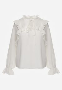 Born2be - Biała Romantyczna Bluzka z Falbankami i Wiązaniem przy Dekolcie Zeaniyana. Okazja: na co dzień, na spotkanie biznesowe, na spacer. Typ kołnierza: kołnierz z falbankami. Kolor: biały. Materiał: jeans, poliester. Styl: casual, biznesowy #5