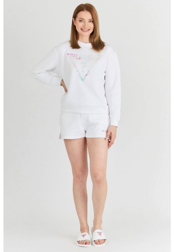 Guess - GUESS Biała bluza damska z odblaskowym logo. Kolor: biały. Materiał: bawełna