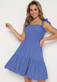 Born2be - Niebieska Rozkloszowana Sukienka z Bawełny z Gumką w Talii na Ramiączkach Gelfea. Kolor: niebieski. Materiał: bawełna. Długość rękawa: na ramiączkach. Typ sukienki: rozkloszowane. Styl: klasyczny #6