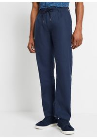 bonprix - Spodnie ze sznurkiem w pasie, z przewiewnej mieszanki lnu o prostych nogawkach i kroju relaxed fit. Kolor: niebieski. Materiał: len, materiał #1
