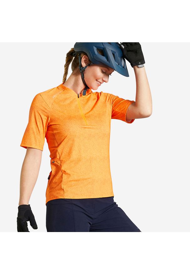ROCKRIDER - Koszulka rowerowa MTB damska Rockrider Expl 500. Kolor: wielokolorowy, beżowy, pomarańczowy, żółty. Materiał: materiał, poliester, elastan. Długość: krótkie