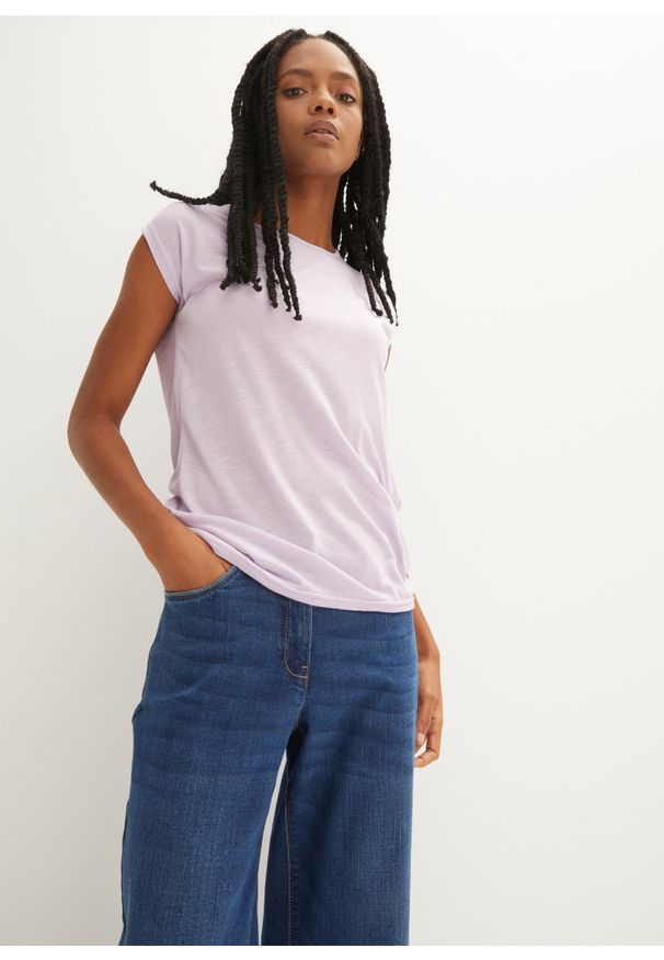bonprix - Długi shirt z zaokrąglonym dołem. Kolor: fioletowy. Długość rękawa: krótki rękaw. Długość: długie. Wzór: melanż