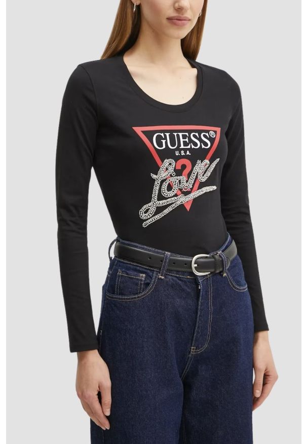 Guess - GUESS Czarny damski longsleeve Love Tee. Kolor: czarny. Długość rękawa: długi rękaw