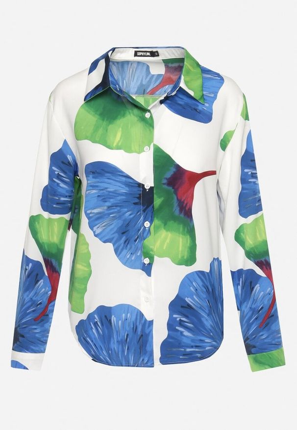 Born2be - Bialo-Granatowa Koszula o Klasycznym Kroju we Florystyczny Wzór Rubuselle. Okazja: na spotkanie biznesowe, na co dzień, do pracy. Kolor: niebieski. Materiał: jeans. Długość rękawa: długi rękaw. Długość: długie. Styl: klasyczny