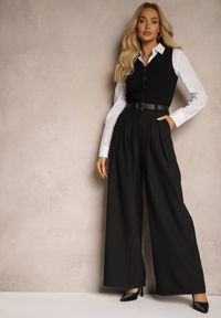 Renee - Czarne Spodnie Palazzo High Waist z Szerokimi Nogawkami i Paskiem z Metalową Klamrą Oinna. Okazja: na co dzień, do pracy. Stan: podwyższony. Kolor: czarny. Styl: klasyczny, elegancki, casual #4