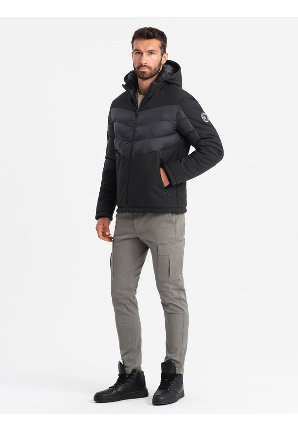 Ombre Clothing - Pikowana męska kurtka z łączonych materiałów z wysokim kołnierzem – czarna V1 - Rozmiar: XL. Okazja: na co dzień. Kolor: czarny. Materiał: materiał. Wzór: aplikacja. Styl: casual, sportowy