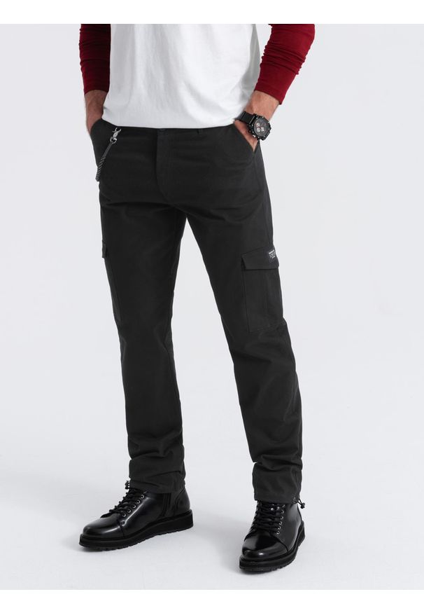 Ombre Clothing - Spodnie męskie z kieszeniami cargo i ściągaczem na dole nogawki - czarne V5 OM-PACG-0189 - L. Kolor: czarny. Materiał: bawełna, elastan