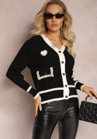 Renee - Czarny Wiskozowy Sweter Kardigan z Kontrastową Lamówką i Naszywkami Narjee. Kolor: czarny. Materiał: wiskoza. Wzór: aplikacja