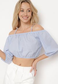 Born2be - Niebieska Bawełniana Bluzka Top Hiszpanka na Regulowanych Ramiączkach Efiada. Okazja: na co dzień. Typ kołnierza: dekolt hiszpanka. Kolor: niebieski. Materiał: bawełna. Długość rękawa: na ramiączkach. Styl: klasyczny, casual #3