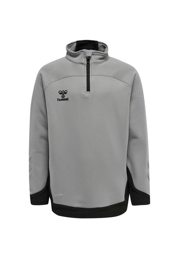 Dziecięca bluza dresowa z półzamkiem Hummel Lead. Kolor: szary. Materiał: dresówka. Wzór: aplikacja, jodełka, nadruk. Sport: piłka nożna