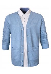 Bawełniany Sweter Męski, Rozpinany (Kardigan) - Pako Jeans - Niebieski. Okazja: na spotkanie biznesowe, do pracy. Kolor: niebieski. Materiał: bawełna. Styl: biznesowy, klasyczny