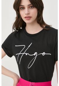 Hugo - HUGO t-shirt bawełniany kolor czarny. Kolor: czarny. Materiał: bawełna. Wzór: nadruk