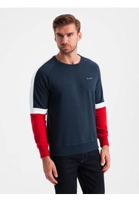 Ombre Clothing - Trójkolorowa męska dresowa bluza z raglanowymi rękawami – granatowa V2 - Rozmiar: XL. Okazja: na co dzień. Kolor: niebieski. Materiał: dresówka. Długość rękawa: raglanowy rękaw. Wzór: nadruk. Styl: sportowy, casual #4