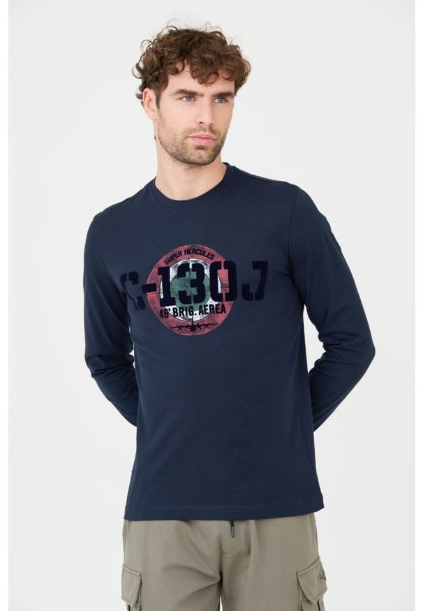 Aeronautica Militare - AERONAUTICA MILITARE Granatowy męski longsleeve bawełniany. Kolor: niebieski. Materiał: bawełna. Długość rękawa: długi rękaw