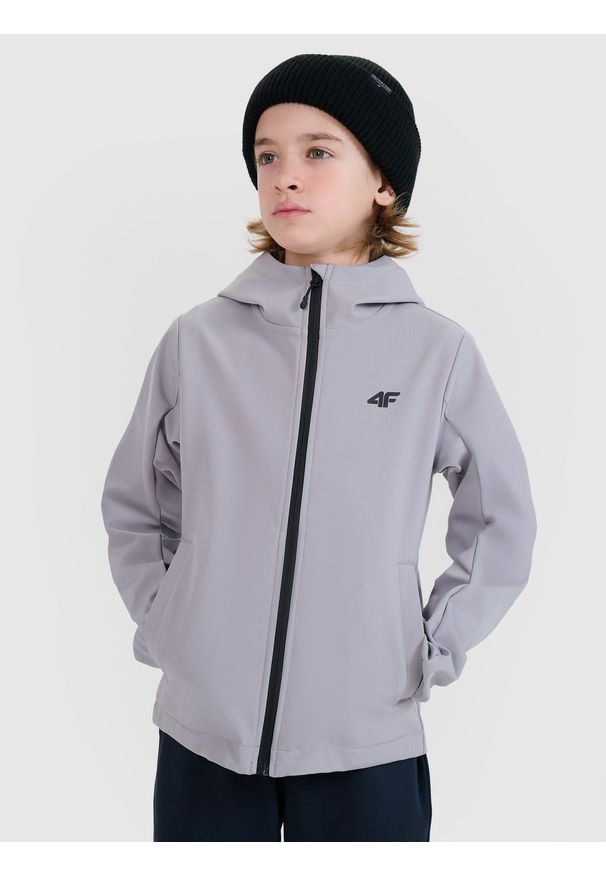 4f - 4F Kurtka softshell wiatroodporna membrana 5000 chłopięca - szara 134 (8-9 lat). Okazja: na co dzień. Typ kołnierza: kaptur. Kolor: szary. Materiał: softshell. Sezon: lato. Styl: klasyczny, casual