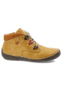 Żółte Botki Rieker Wygodne Obuwie Damskie. Okazja: na spacer, na co dzień. Kolor: żółty. Materiał: tworzywo sztuczne, skóra ekologiczna, materiał. Szerokość cholewki: normalna. Wzór: kolorowy. Styl: casual #4