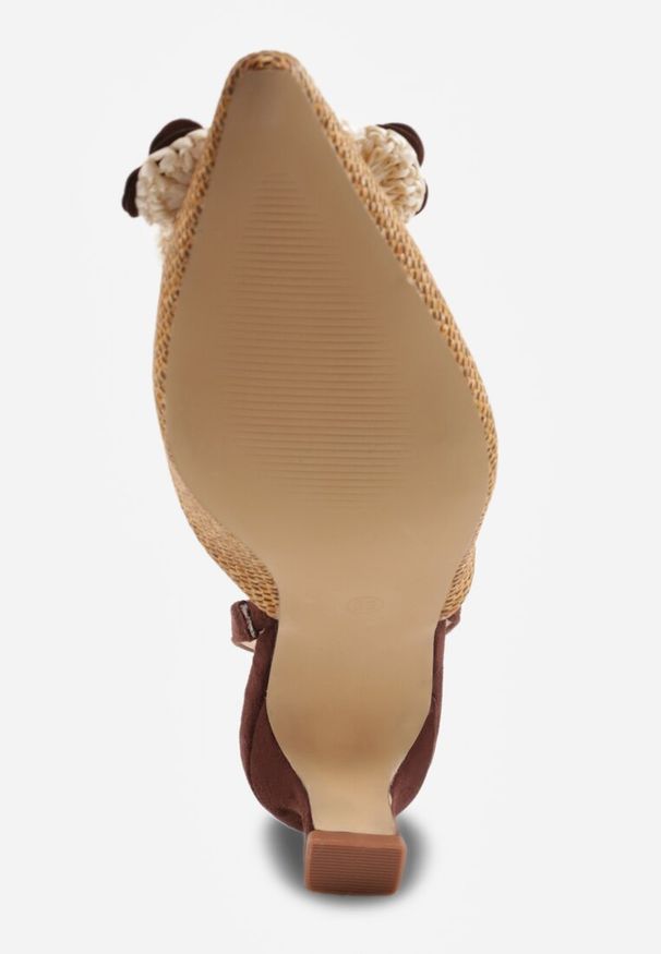 Renee - Brązowe Sandały Slingback na Kaczuszce z Tweedowymi Wstawkami i Kwiatem 3D Zehe. Okazja: na co dzień, na imprezę. Zapięcie: bez zapięcia. Kolor: brązowy. Materiał: jeans, koronka. Wzór: kwiaty. Obcas: na szpilce. Styl: casual, elegancki