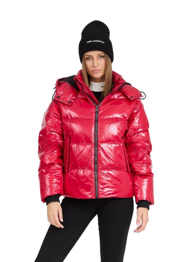 Karl Lagerfeld - KARL LAGERFELD Czerwona damska kurtka Hooded Down Jacket, Rozmiar XS. Kolor: czerwony. Materiał: poliamid, puch. Długość rękawa: długi rękaw. Długość: długie