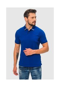 Emporio Armani - EMPORIO ARMANI Niebieska męska koszulka polo z małym logo, Rozmiar M. Typ kołnierza: polo. Kolor: niebieski. Materiał: prążkowany. Długość rękawa: krótki rękaw. Wzór: aplikacja, paski