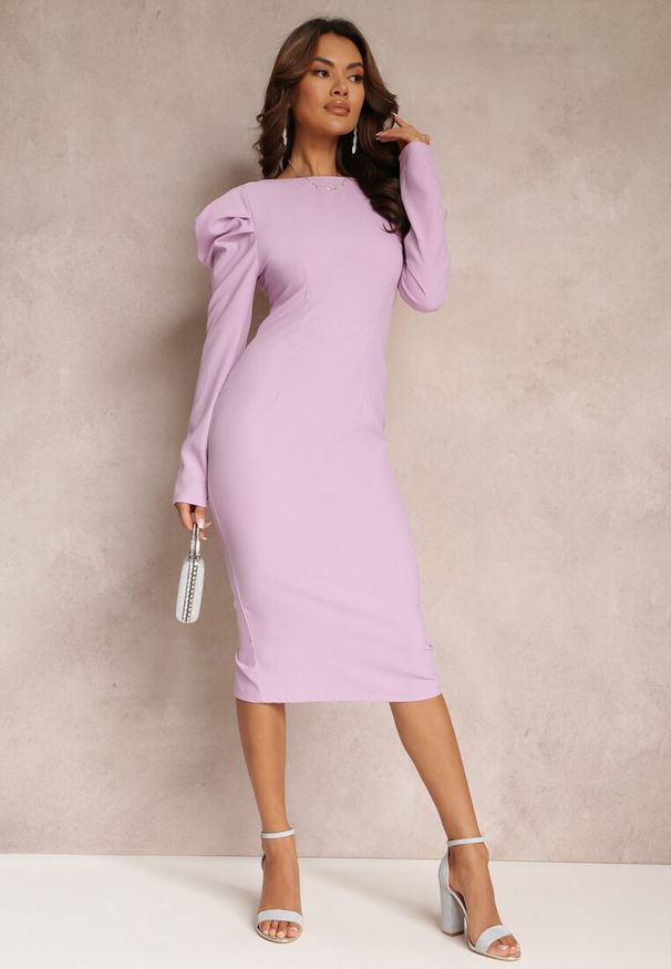 Renee - Fioletowa Liliowa Sukienka Taliowana z Bufiastym Rękawem Adarei. Kolor: fioletowy. Styl: elegancki. Długość: midi