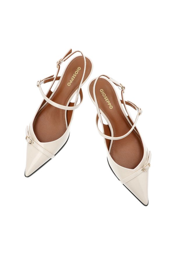 Hot Potatoes by Gioseppo - Czółenka damskie Gioseppo, skórzane z noskiem w szpic na szpilce eleganckie zapinane sprzączką, beżowe, Sabin-76190. Okazja: na co dzień. Zapięcie: sprzączka, pasek. Kolor: beżowy. Szerokość cholewki: normalna. Wzór: geometria, aplikacja, paski. Materiał: lakier, skóra. Obcas: na obcasie, na szpilce. Styl: elegancki. Wysokość obcasa: średni