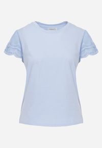 Renee - Niebieski T-shirt z Bawełny z Rękawami z Koronki Hycis. Kolor: niebieski. Materiał: bawełna, koronka. Wzór: koronka #3