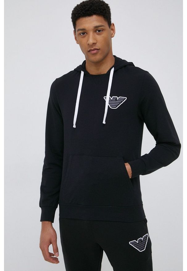 Emporio Armani Underwear bluza męska kolor czarny z kapturem z aplikacją. Typ kołnierza: kaptur. Kolor: czarny. Wzór: aplikacja