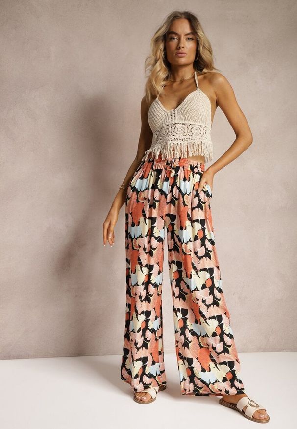 Renee - Pomarańczowo-Czarne Szerokie Spodnie z Wiskozy High Waist w Kwiaty Wykończone Gumką w Talii Dennea. Stan: podwyższony. Kolor: pomarańczowy. Materiał: wiskoza. Wzór: kwiaty. Sezon: lato