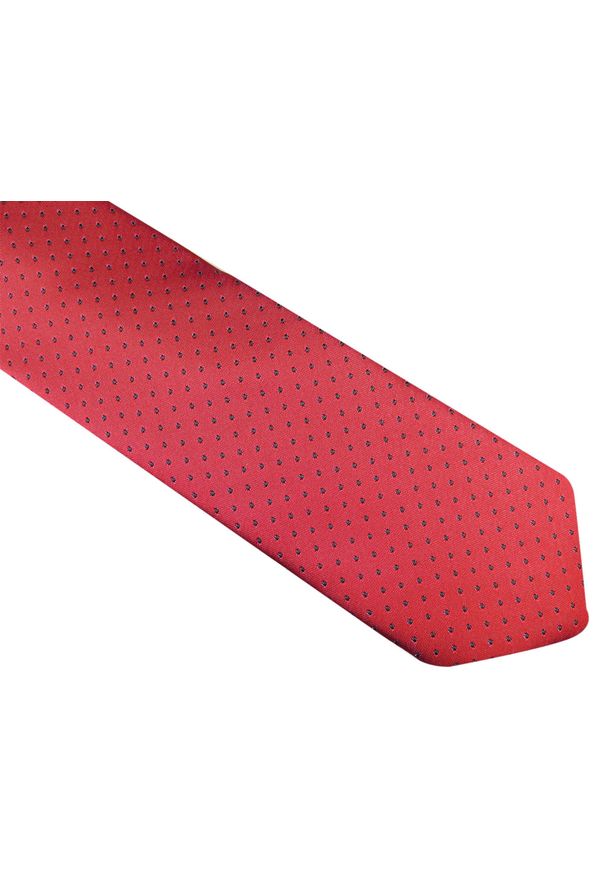 Modini - Czerwony krawat męski w czarne kropki D128. Kolor: czarny, wielokolorowy, czerwony. Materiał: mikrofibra, tkanina. Wzór: kropki
