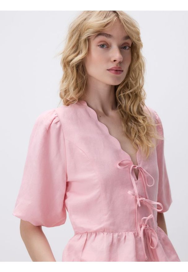 Reserved - Bluzka z lnem - pastelowy róż. Kolor: różowy. Materiał: len