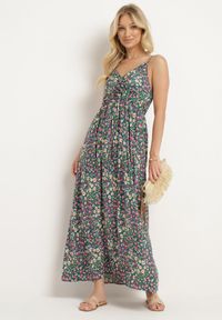 Born2be - Zielona Wiskozowa Sukienka na Regulowanych Ramiączkach z Gumkami na Plecach Zarlea. Okazja: na spacer. Typ kołnierza: dekolt w serek. Kolor: zielony. Materiał: wiskoza. Długość rękawa: na ramiączkach. Wzór: kwiaty #7