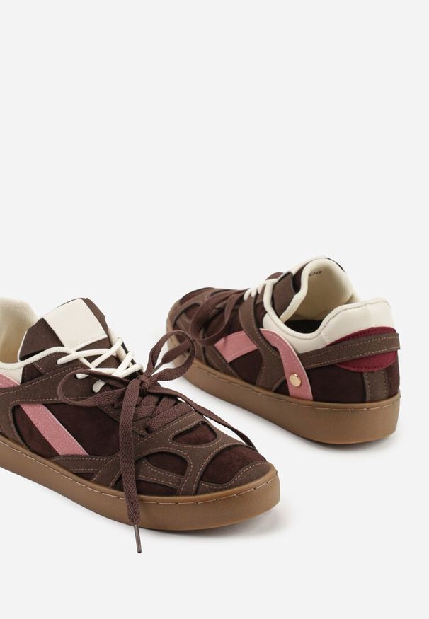 Renee - Brązowe Sneakersy Kultowe Tenisówki z Podwójnymi Sznurówkami Luvitta. Okazja: na co dzień, na spacer. Kolor: brązowy. Materiał: satyna, skóra. Sport: bieganie, turystyka piesza