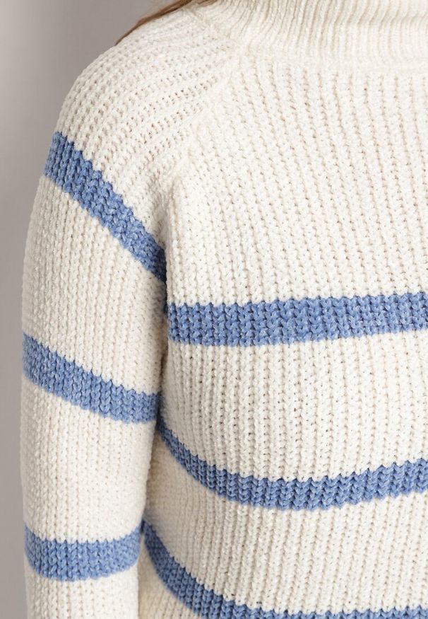 Born2be - Beżowo-Niebieski Sweter z Wiskozą w Paski Dintia. Okazja: na co dzień. Kolor: niebieski. Materiał: wiskoza. Długość rękawa: długi rękaw. Długość: długie. Wzór: paski. Styl: klasyczny, elegancki, casual